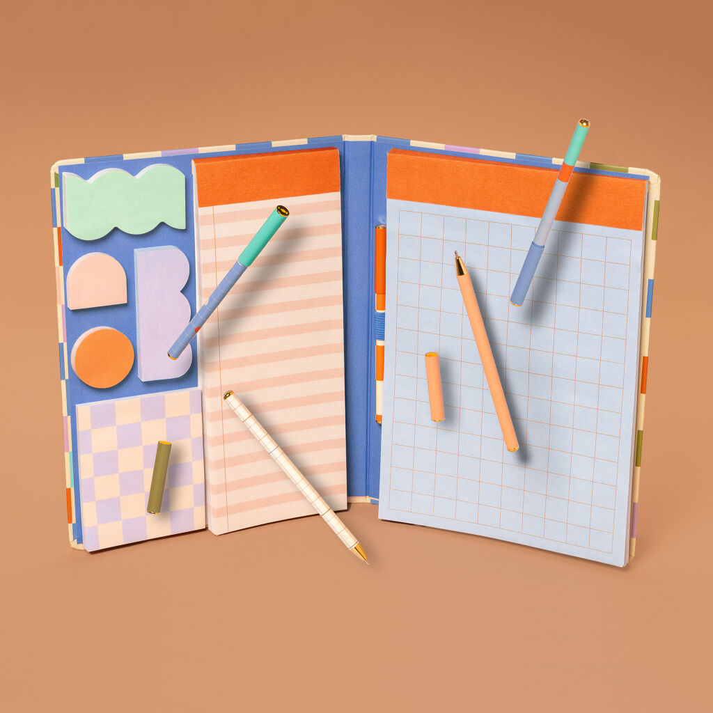 This stylish hardcover book includes 7 notepads: a list pad, 5 sticky notepads, a large grid pad, and a matching pen.