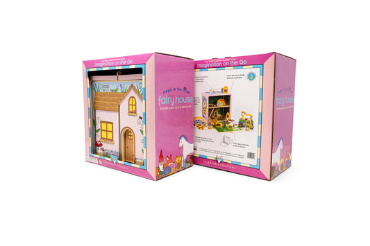 Suitcase Series encourages portable play. Each suitcase opens up on both sides to reveal a world of fun.
The 17-piece Fairy House has everything for whimsical fun on the go, including fairies, a unicorn, bridge, gnome, and more!