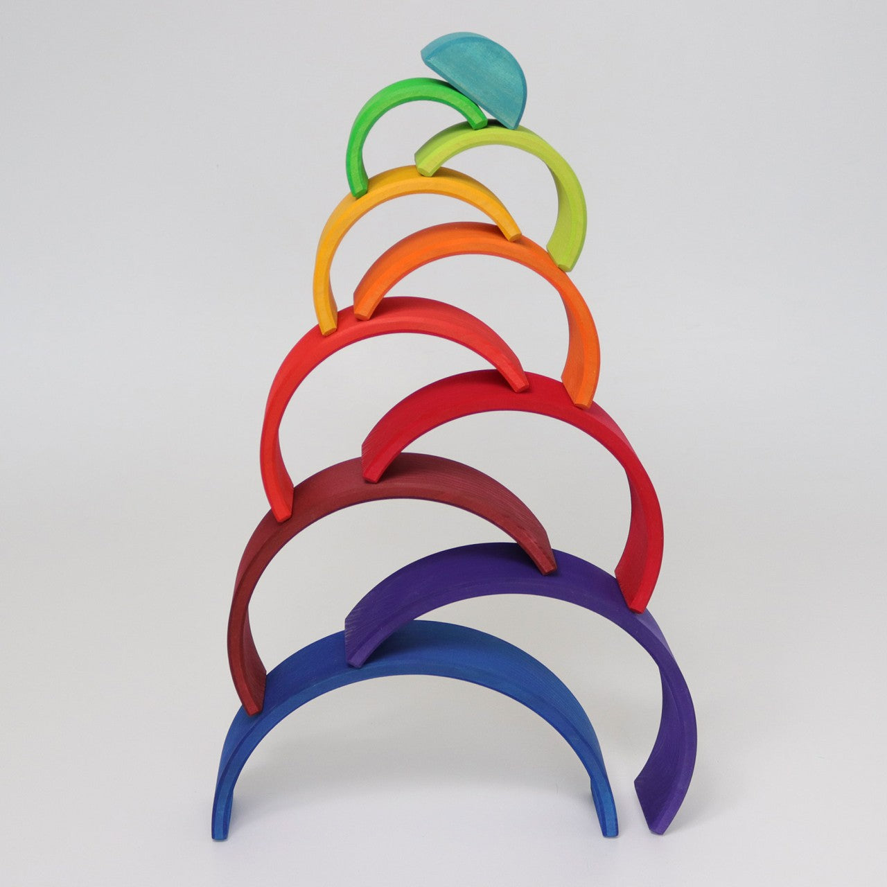 A new wooden stacking rainbow from the magical world of Grimm's: the 10-piece counting rainbow is a wonderful addition for open-ended play.