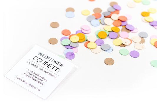 Mini individually packaged wildflower confetti packs are ready to toss or use to decorate without any environmental concerns.
Confetti is made from biodegradable paper embedded with a mixture of wildflower seeds. Feel good about helping the local ecosystem by planting pollinator plants that help local bees & butterflies. 