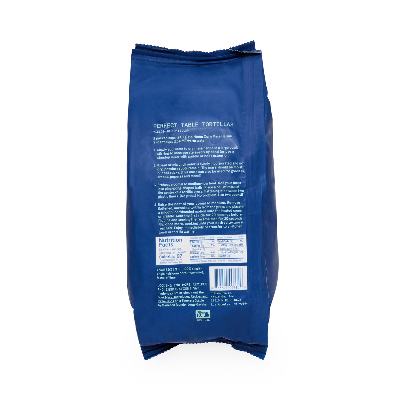Masienda's best-selling Heirloom Blue Corn Masa Harina is a fine-ground nixtamalized corn flour. Its deep flavor comes from high quality heirloom corn, which is cooked, slow dried and milled to perfection in small batches. Never genetically modified. Always gluten-free.