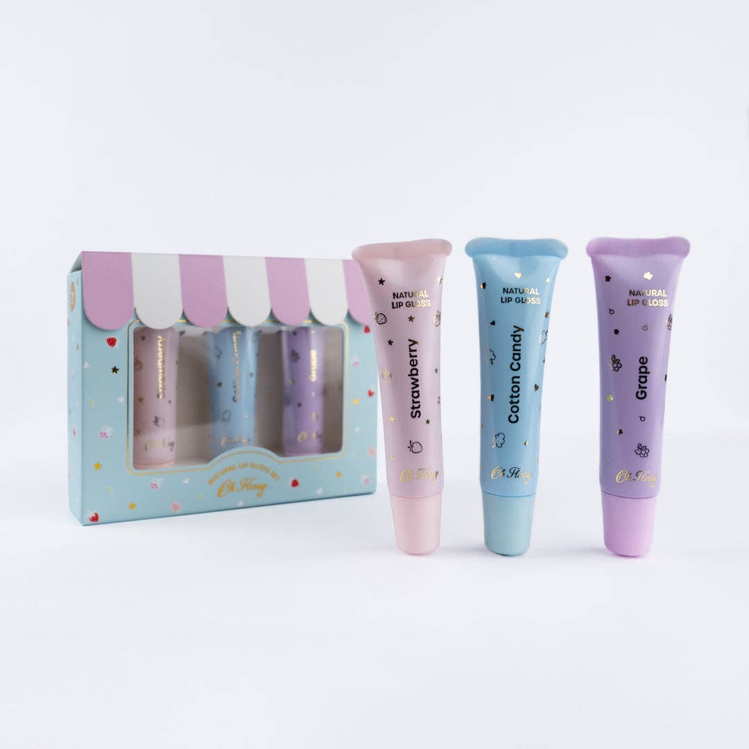 Oh Flossy's Natural Lip Gloss trio is a must have for little ones who love to shimmer & shine! Each set includes three delicious flavours - Strawberry, Cotton Candy, and Grape . Free from talc, parabens, fragrances, nano-particles, phthalates.