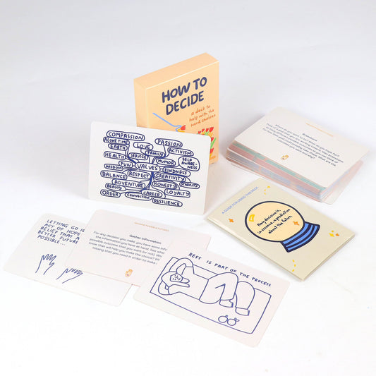 The How To Decide deck offers different frameworks for thinking about the situation you are in and picking a route forward. When you feel stuck, choose an exercise or thought-experiment and see what comes up.