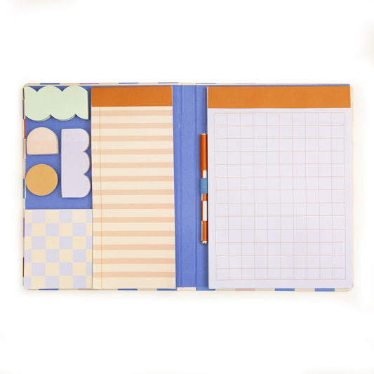This stylish hardcover book includes 7 notepads: a list pad, 5 sticky notepads, a large grid pad, and a matching pen.
