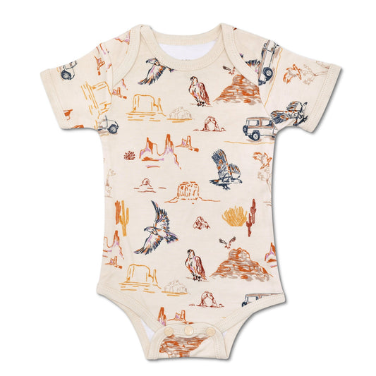 Crewneck onesie featuring the cutest outdoorsy prints. Lap shoulders for easy dressing 3-snap bottom closure at inseam for easy changing and diapering. Made with bamboo and 100% organic GOTs-certified cotton. Sustainably made in China.