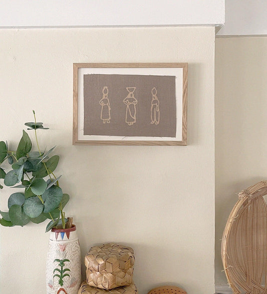 women framed art po-em / Resist block print on naturally dyed handloom cotton textile with oak frame included.