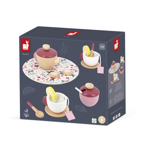 janod twist tea set / Invite your friends to a Tea Party with this pretty floral tea set! Includes a teapot, a sugar bowl, two cups, two saucers, and three spoons made of wood, as well as 2 felt teabags, 2 lemon slices, and 2 biscuits to satisfy their guests.