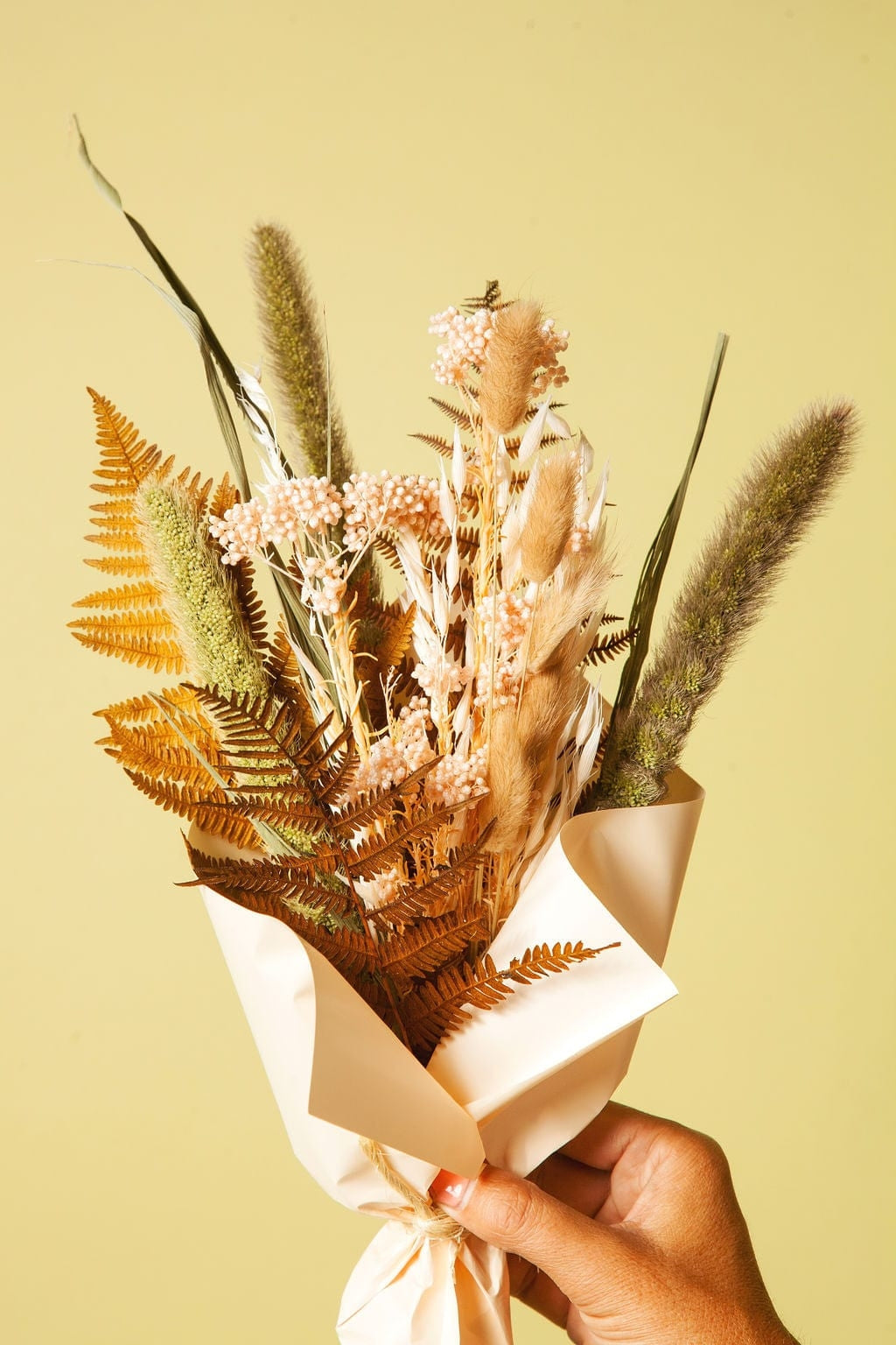 This dried bouquet is carefully arranged by a team of designers in Idlewild Floral Co's California studio, and are made of beautifully preserved long lasting flowers. Perfect paired with a bud vase or as a gift for any occasion. Each bouquet is 12"-14" long x 4"-6" wide.