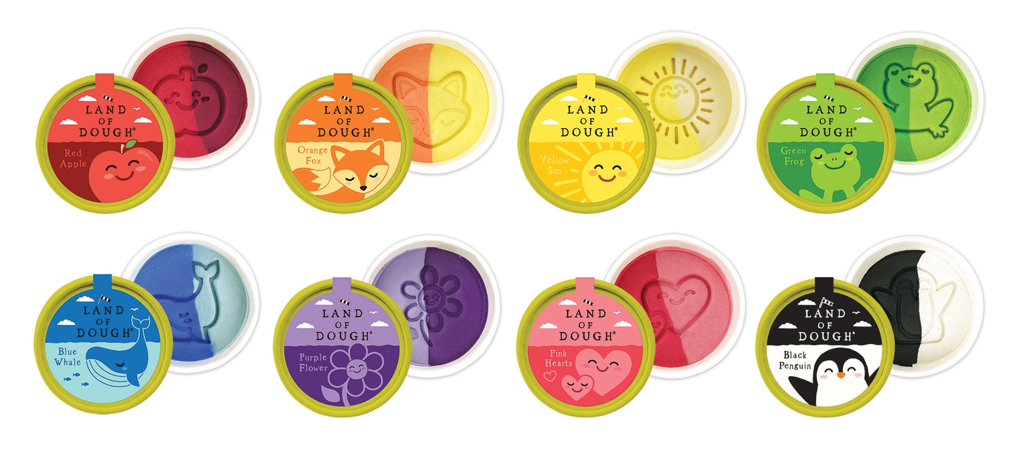 Dig into these mini, two-color stamped cups! Land of Dough® is made of all-natural dough and colors, compostable glitters, and calming essential oils in eco-friendly packaging. Dough can air dry for keeping sculptures or refreshed for continued play with a damp paper towel and covered with a lid.