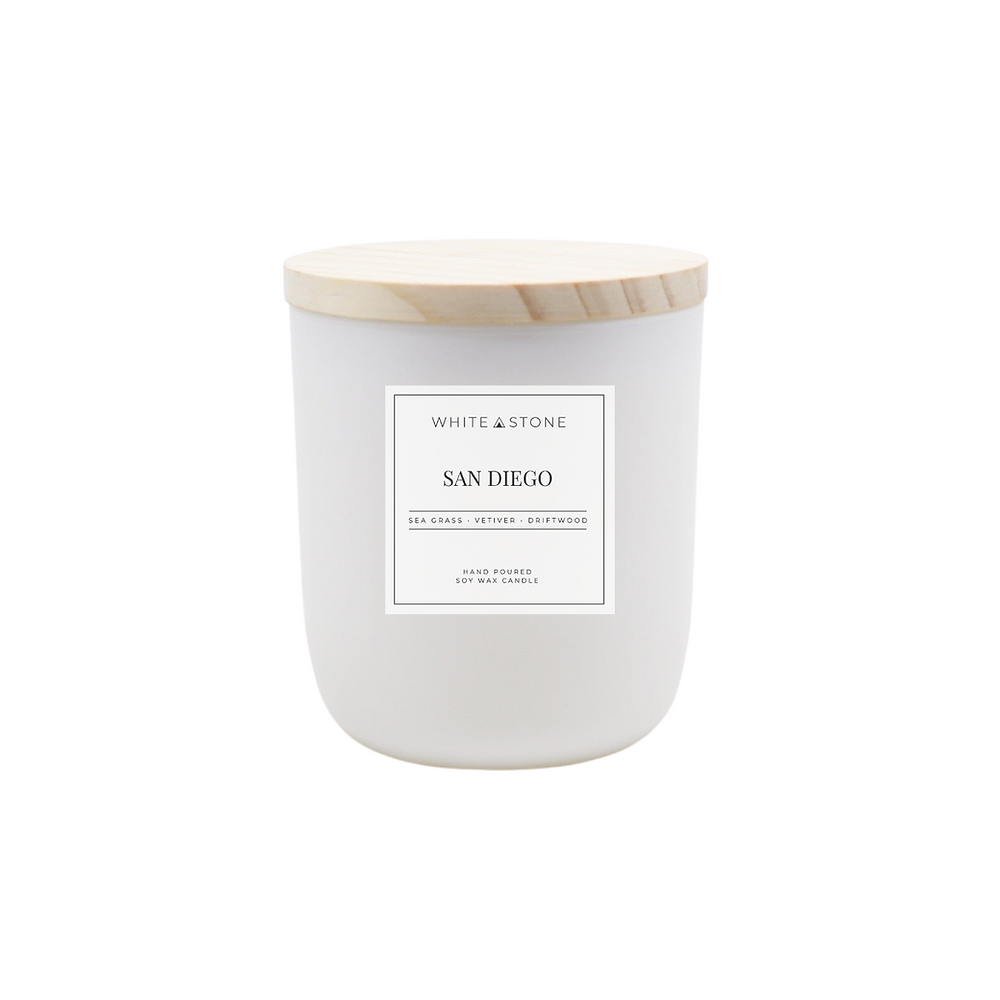 Made from US grown soy wax, premium fragrances & essential oil blends, this light floral citrus scent will transport you to the sunny coast of San Diego. Hand poured in San Diego, CA.