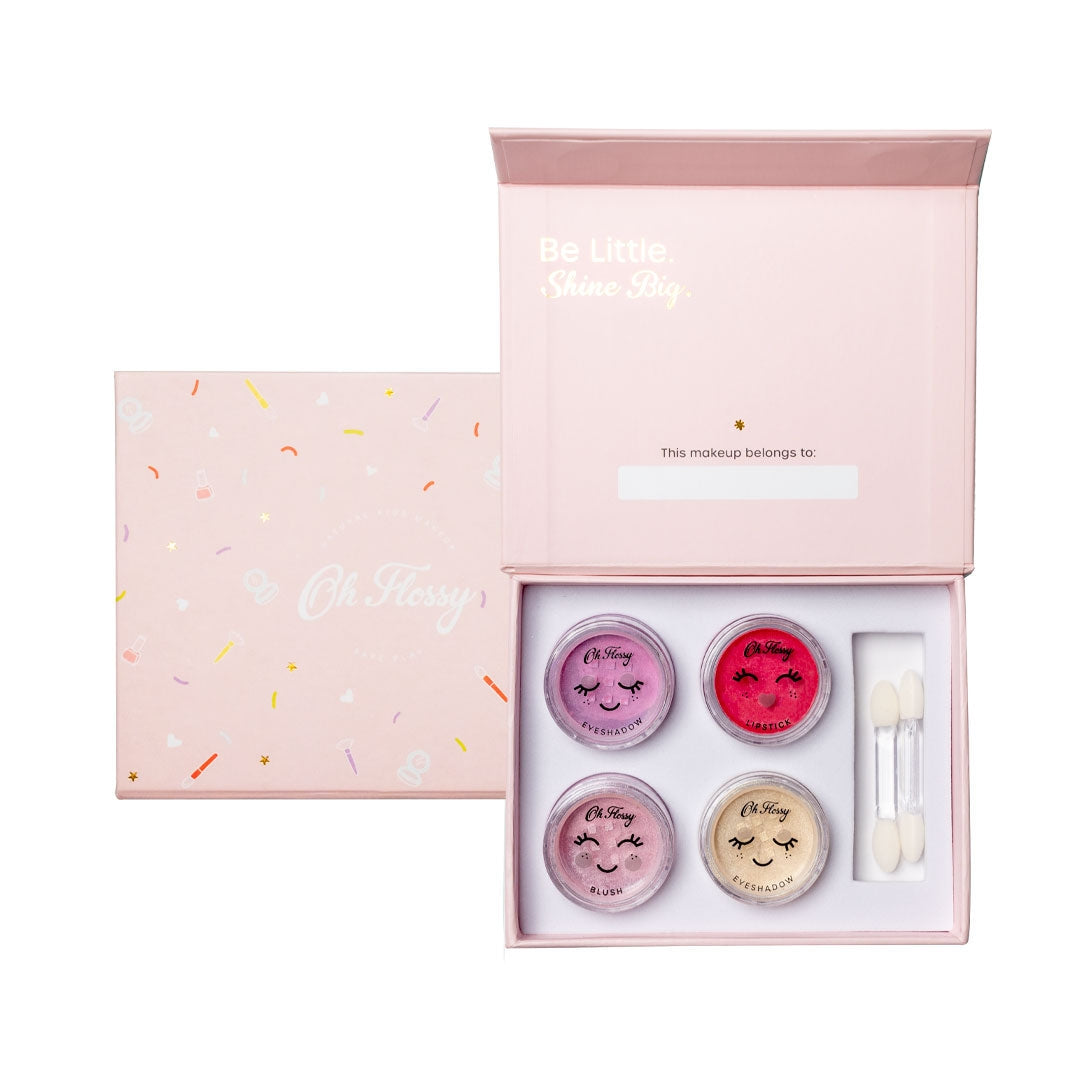 A gorgeous makeup kit for little ones who love to dress up and play - and for parents who want to protect their skin from harsh grown up products. Includes 2 eyeshadows, 1 lipstick, 1 blush & 2 applicators, packaged in a magnetic box for easy gifting. Free from talc, parabens, fragrances, nano-particles, phthalates. / oh flossy australia