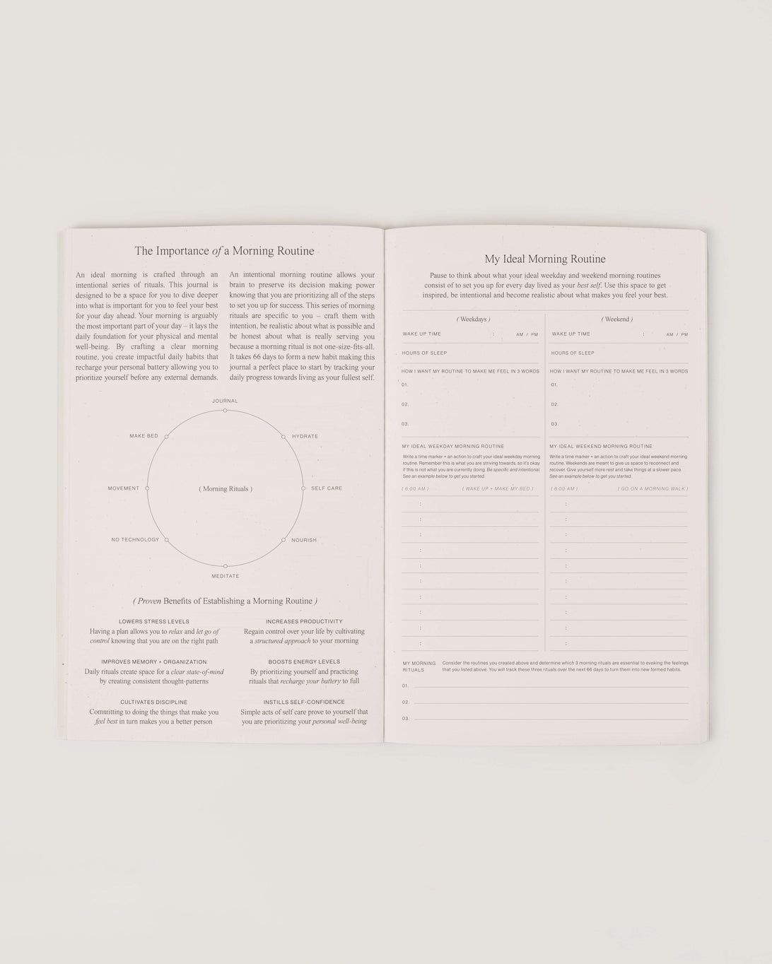 The Morning Routine Journal will walk you through crafting your ideal morning routine by defining specific morning rituals that allow you to slow down, prioritize yourself and step into a new day ahead.