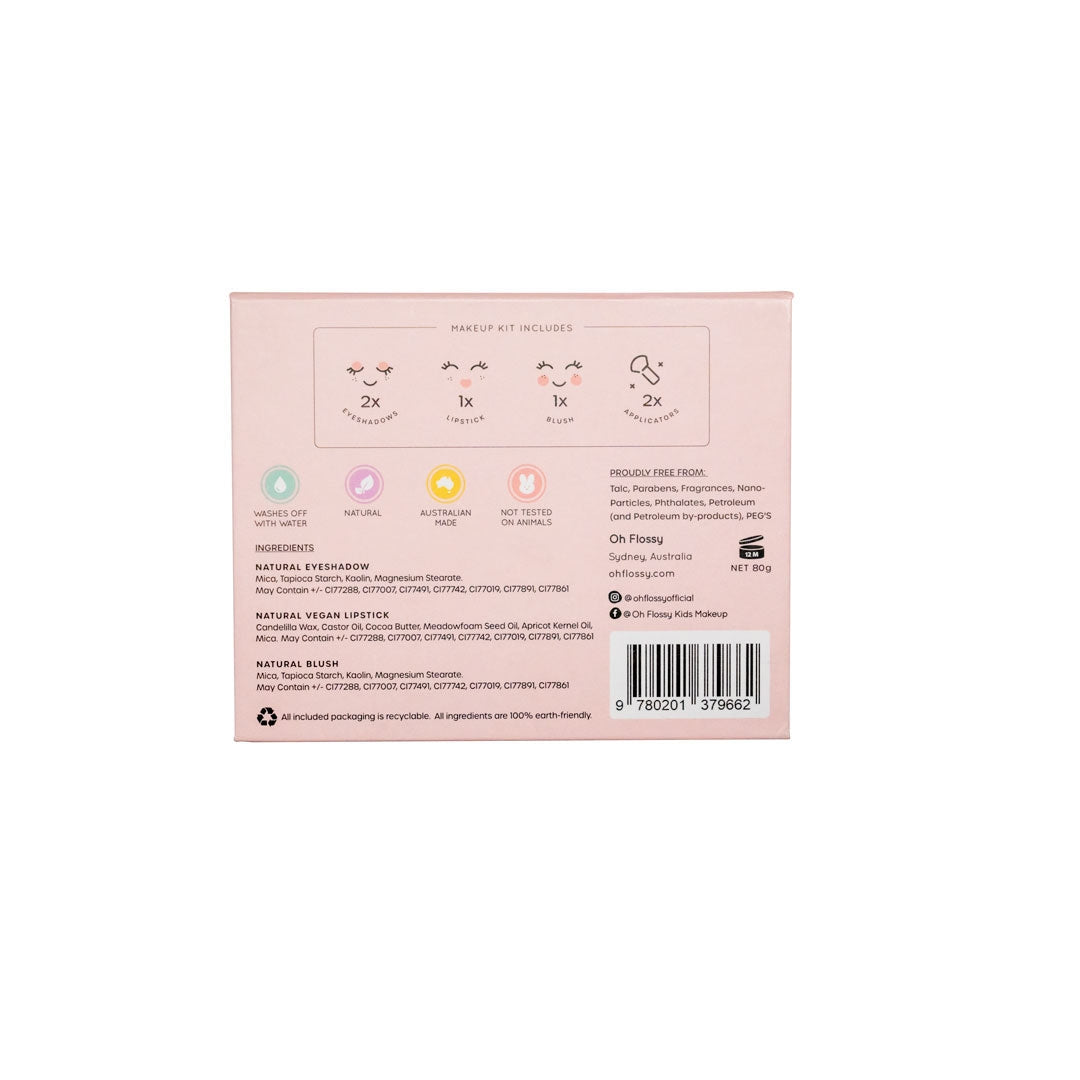 A gorgeous makeup kit for little ones who love to dress up and play - and for parents who want to protect their skin from harsh grown up products. Includes 2 eyeshadows, 1 lipstick, 1 blush & 2 applicators, packaged in a magnetic box for easy gifting. Free from talc, parabens, fragrances, nano-particles, phthalates. / oh flossy australia