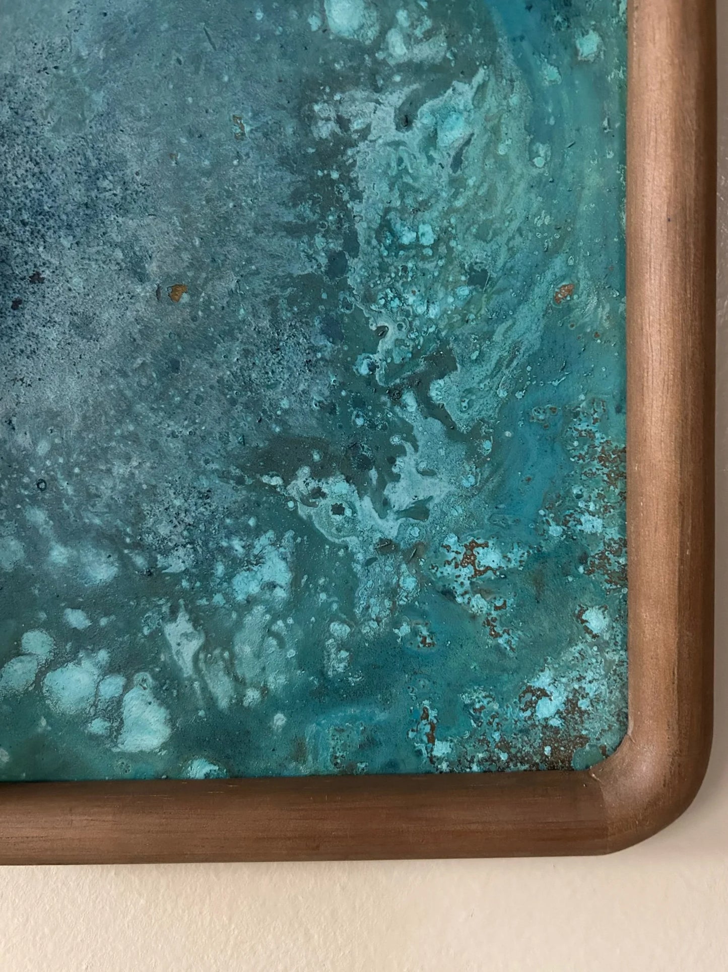 Verdigris patinated brass sheet in wood frame. electric sun creatives by sarah perez