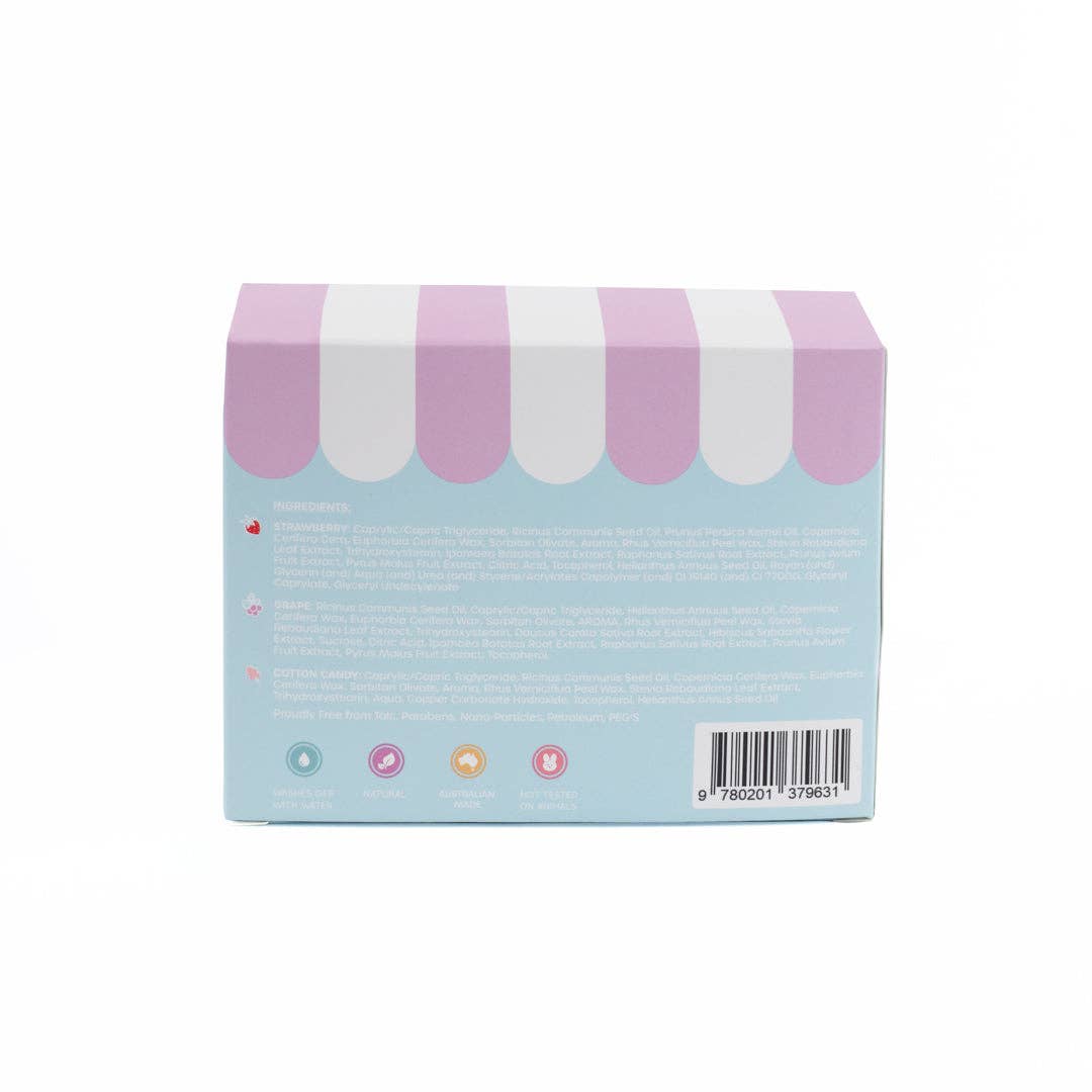 Oh Flossy's Natural Lip Gloss trio is a must have for little ones who love to shimmer & shine! Each set includes three delicious flavours - Strawberry, Cotton Candy, and Grape . Free from talc, parabens, fragrances, nano-particles, phthalates.