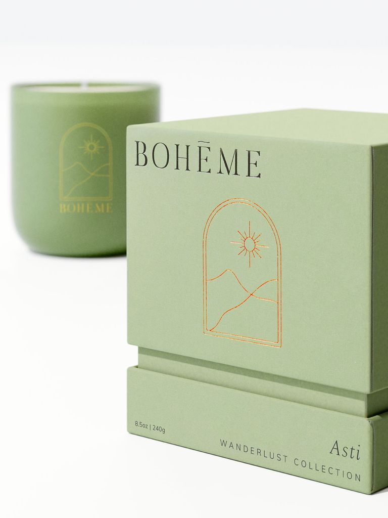 Clean, All Natural, Sustainable Soy, Vegan, Phthalate Free Asti Candle. The top, middle and bottom feature three different scents so this is like three candles in one! White muscat grape and green apple to purple grape and jasmine to oak, vetiver and musk.