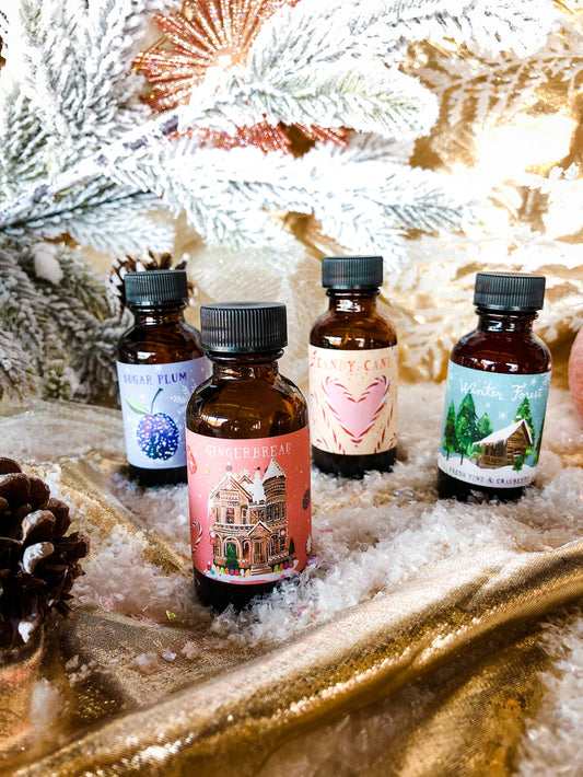 An enchanting collection of 4 holiday simple syrups! Perfect in your cocktails, lemonade, sparkling water, or even baked goods! 