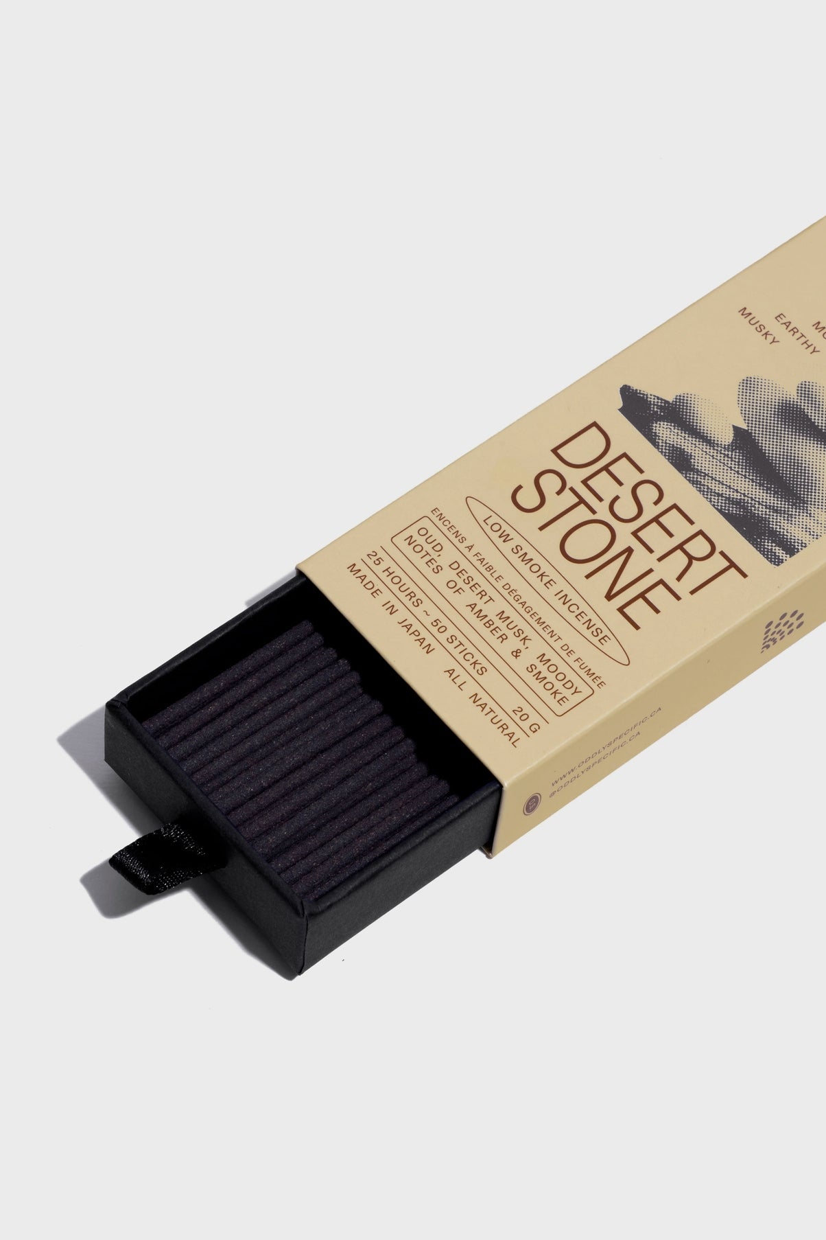 A moment for mystery. Awaken your senses with the captivating essence of oud, resinous wood, warm desert musk, and amber smoke. The oasis is within. Made in Japan using natural ingredients, low smoke incense creates a unique and comforting experience. Contains 50 sticks.