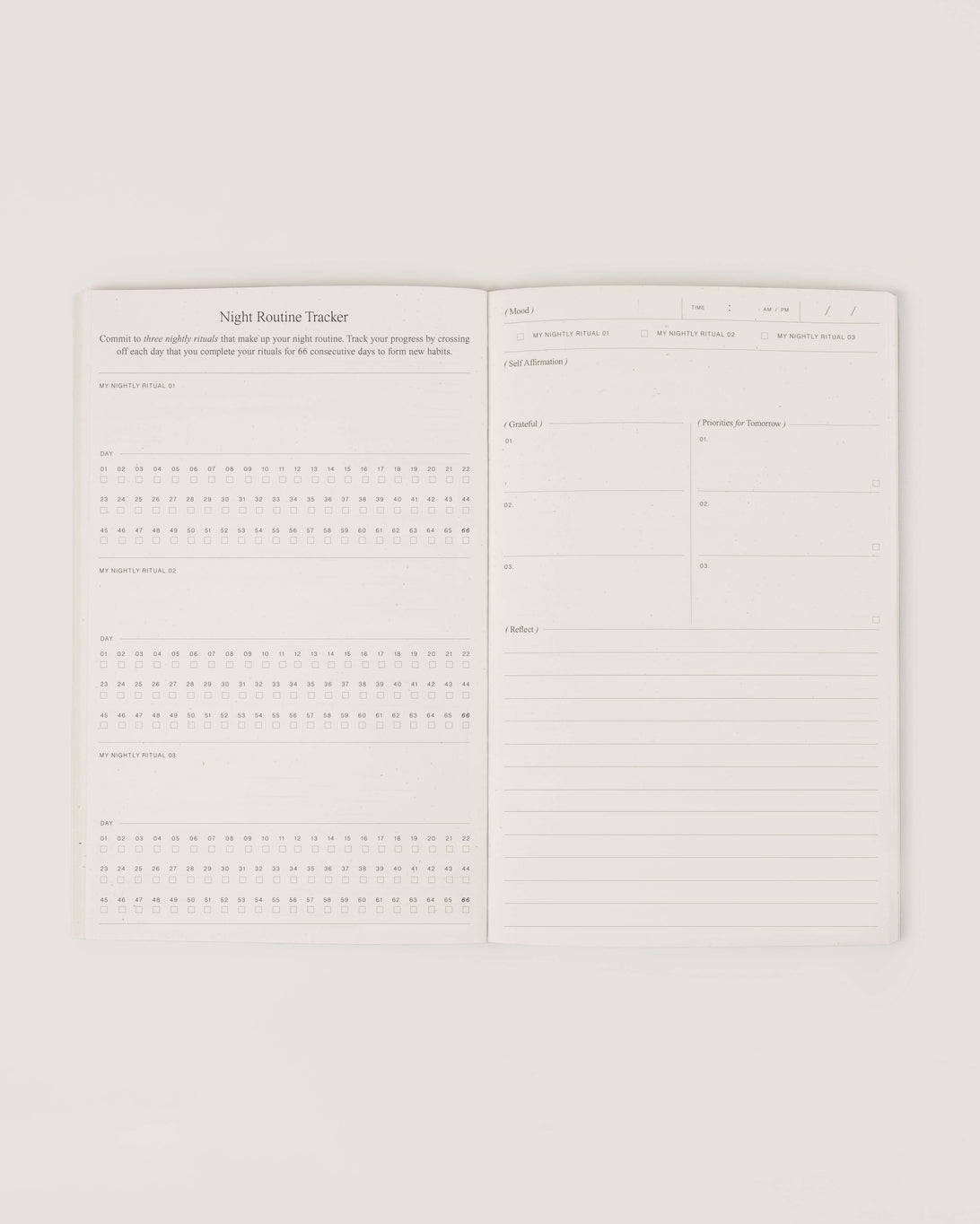 The Night Routine Journal is a space for you to dive deeper into what is important for you to feel your best at the end of each day.