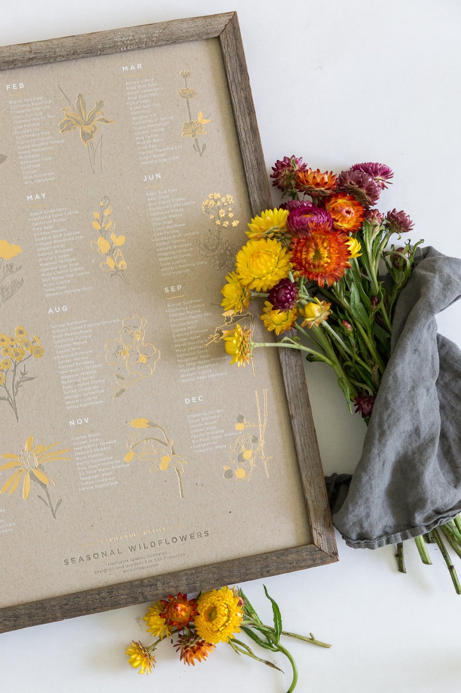 The California Native Wildflower Poster features 150 native species as they bloom each month. The poster features both prolific, common and rare species that are native specifically to the Central Coast and Bay Area. Great reference art that is both elegant and useful for your kitchen, dining room or kids room!