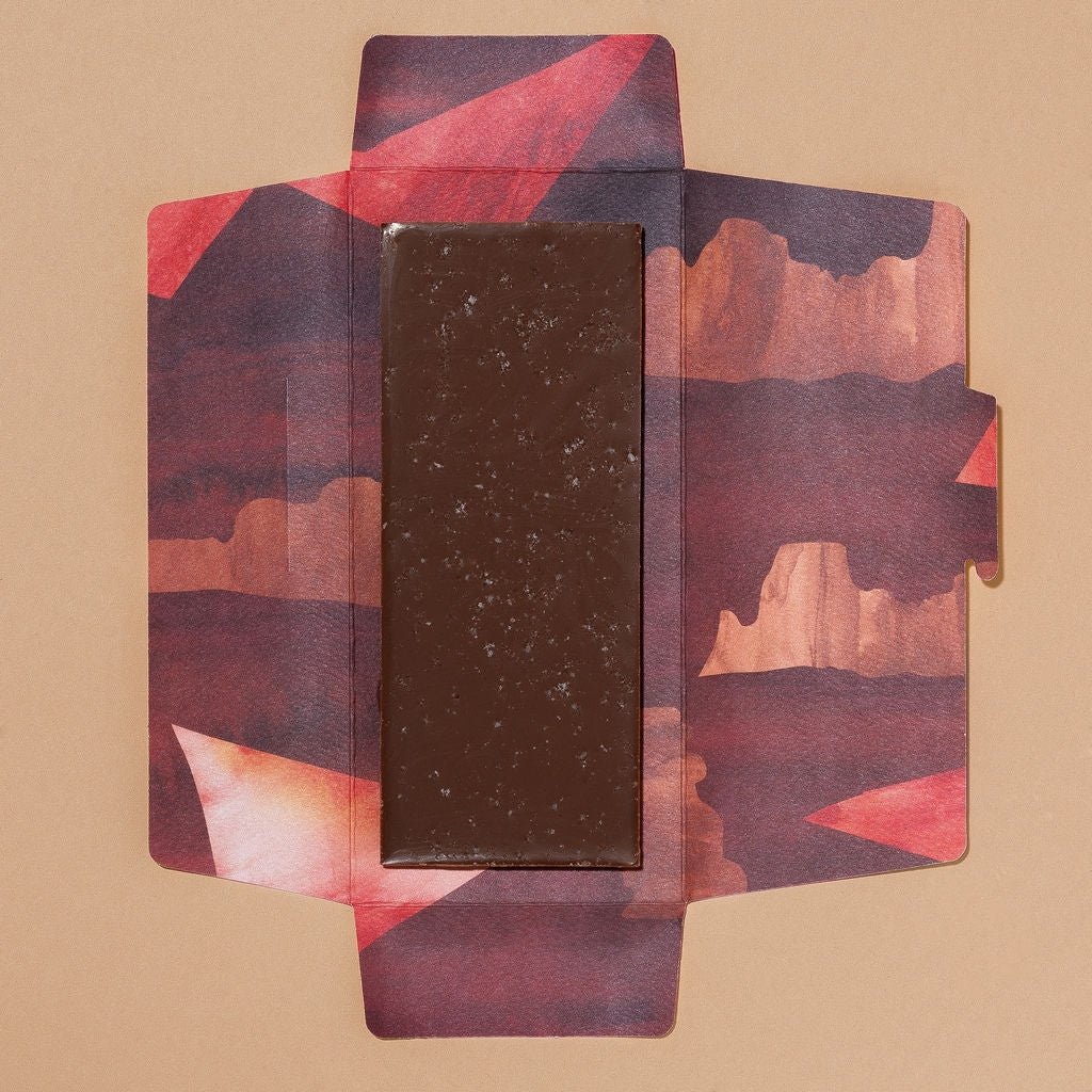 Heirloom chocolate bar with tasting notes of malt and salted brownie.