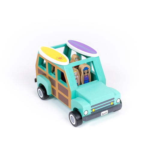 Cowabunga, the surf's up dude - let's all pile in the woodie and visit the blue room.
Surfer Truck comes with surfers, boards, puppy buddy and awesome retro surf van. All figures are magnetic, so they stay in place when on the move.