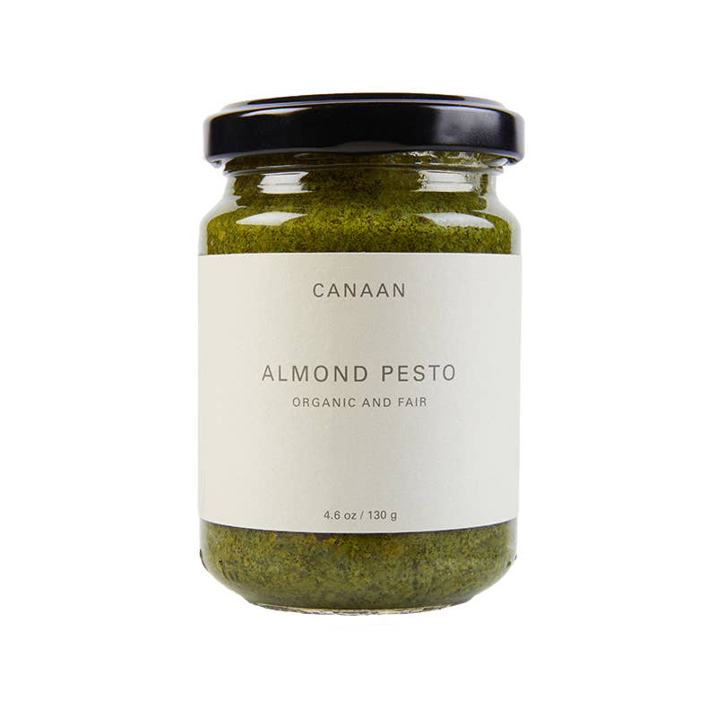 canaan almond pesto / Enjoy this delicious wholesome pesto as a spread, toss in pasta, or roast with chicken. Made with organic heirloom Palestinian almonds, & freshly picked basil.