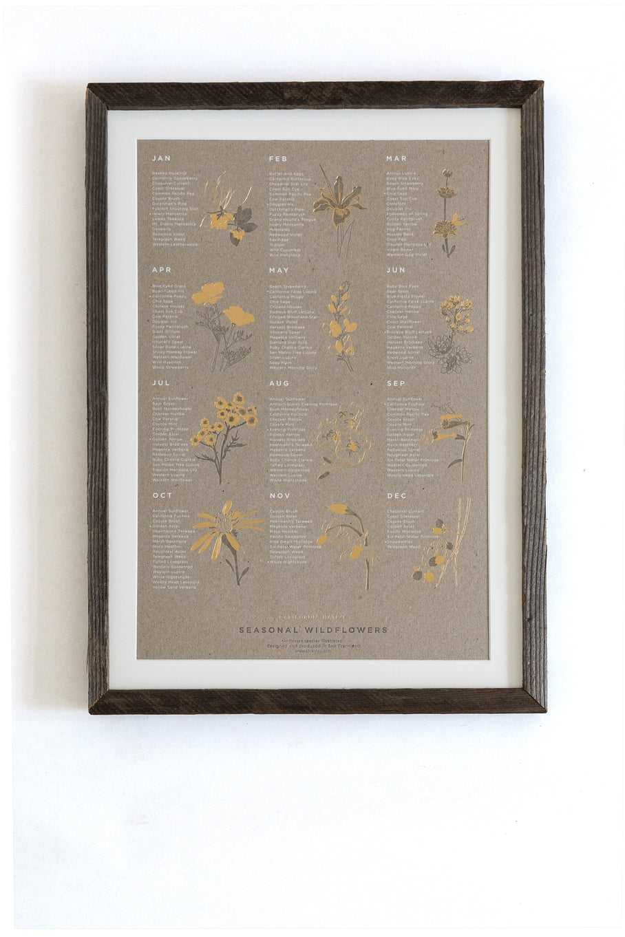 The California Native Wildflower Poster features 150 native species as they bloom each month. The poster features both prolific, common and rare species that are native specifically to the Central Coast and Bay Area. Great reference art that is both elegant and useful for your kitchen, dining room or kids room!