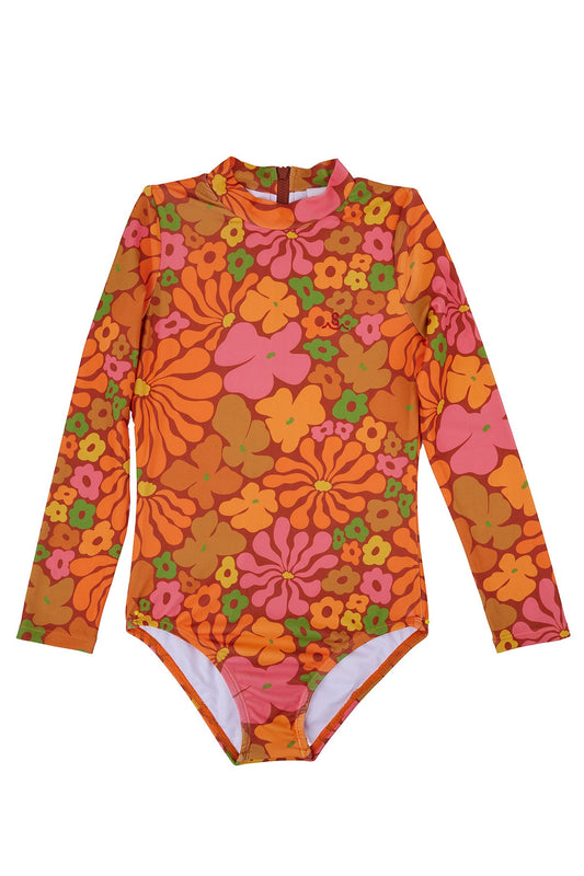 Custom retro floral print made exclusively for Seaesta Surf with a base color in a beautiful, pastel yellow. Seaesta Surf kids swimsuits are earth and performance conscious, featuring eco-friendly fabrics and a full coverage that stays in place while your little one plays.