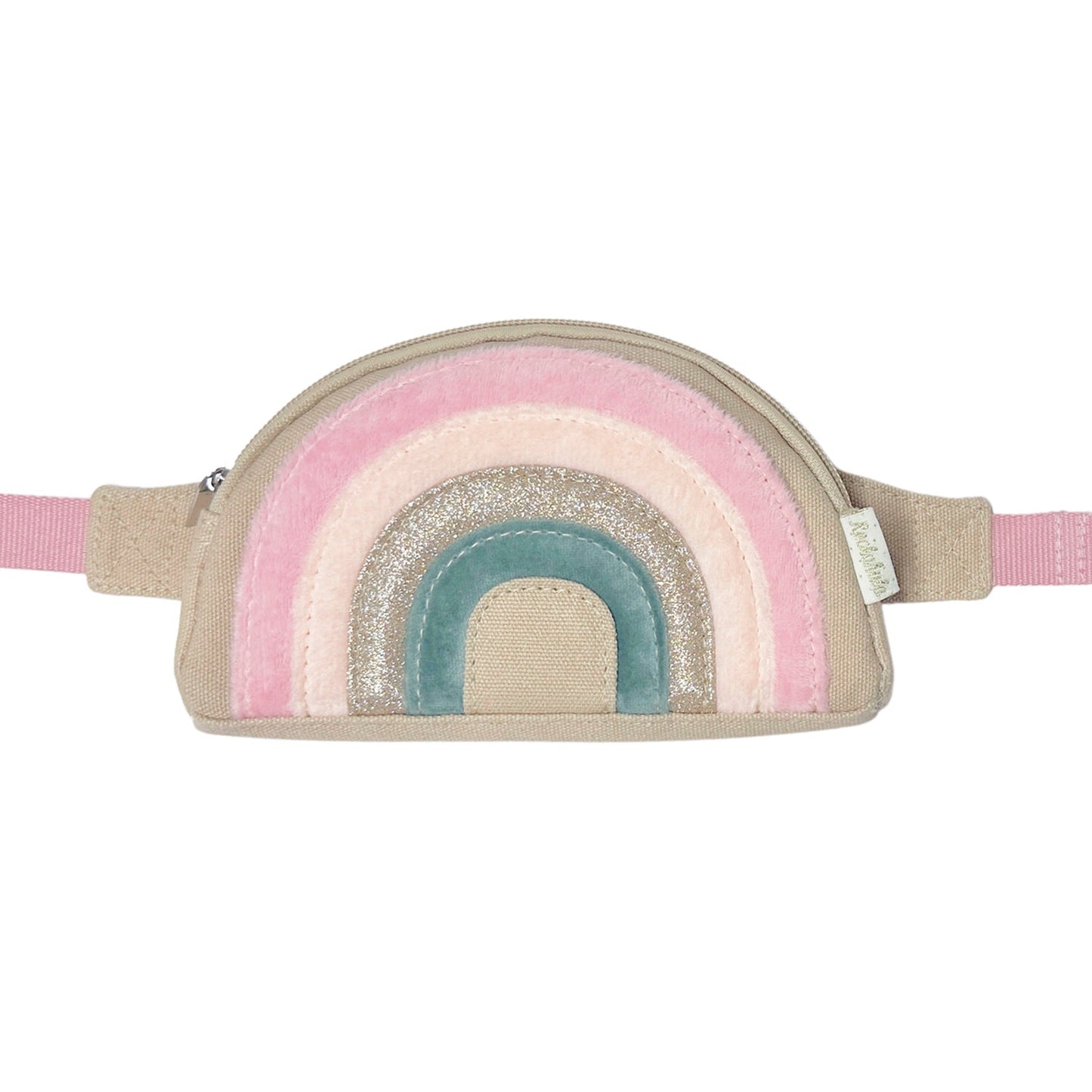Shimmer and shine with this gorgeous bum bag! In a palette of pastels with shimmering gold glitter and soft velvet, this sweet bag is fully lined with foil printed star fabric, a zip closure, adjustable strap and belt loop. / rainbow bum bag rockahula