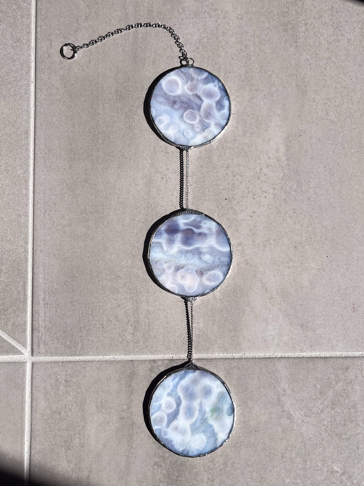 Handmade stained glass pendant with three elements attached by a silver chain. You can hang this panel in a window, on the wall as decor or even an outside patio. Custom made for Thread Spun by Culotta Creations.
