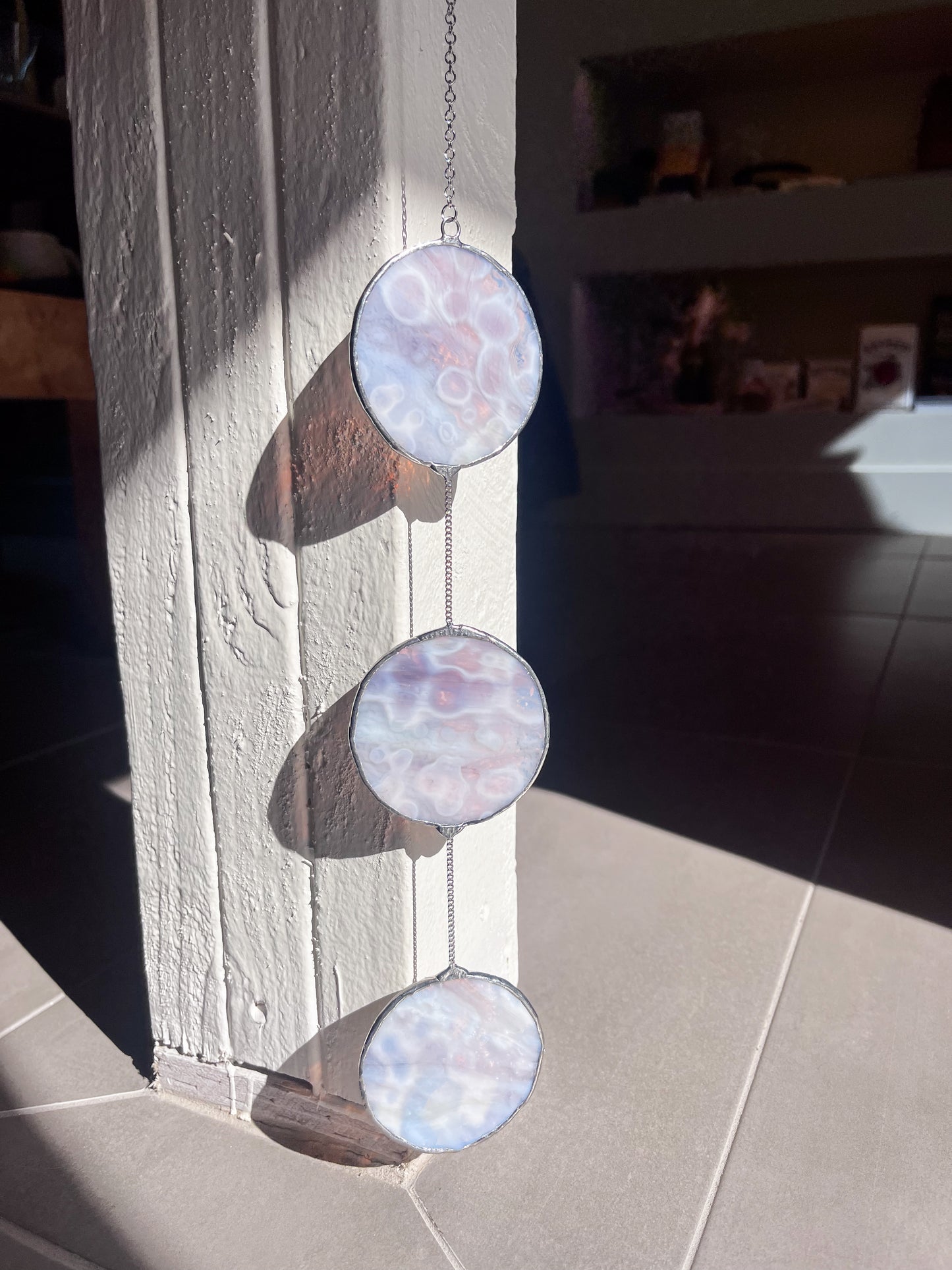 Handmade stained glass pendant with three elements attached by a silver chain. You can hang this panel in a window, on the wall as decor or even an outside patio. Custom made for Thread Spun by Culotta Creations.