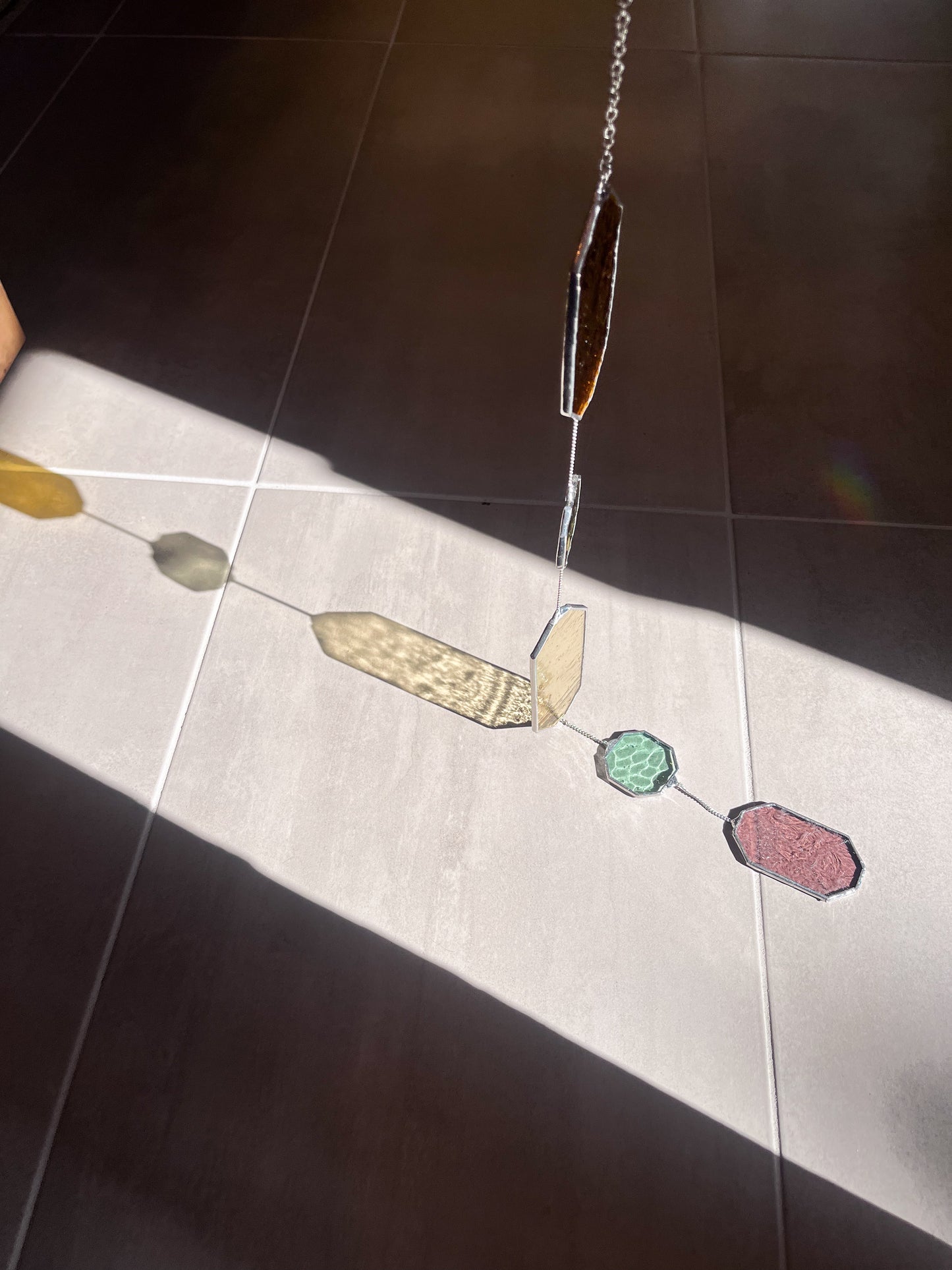 Handmade stained glass pendant with three elements attached by a silver chain. You can hang this panel in a window, on the wall as decor or even an outside patio. Custom made for Thread Spun by Culotta Creations.