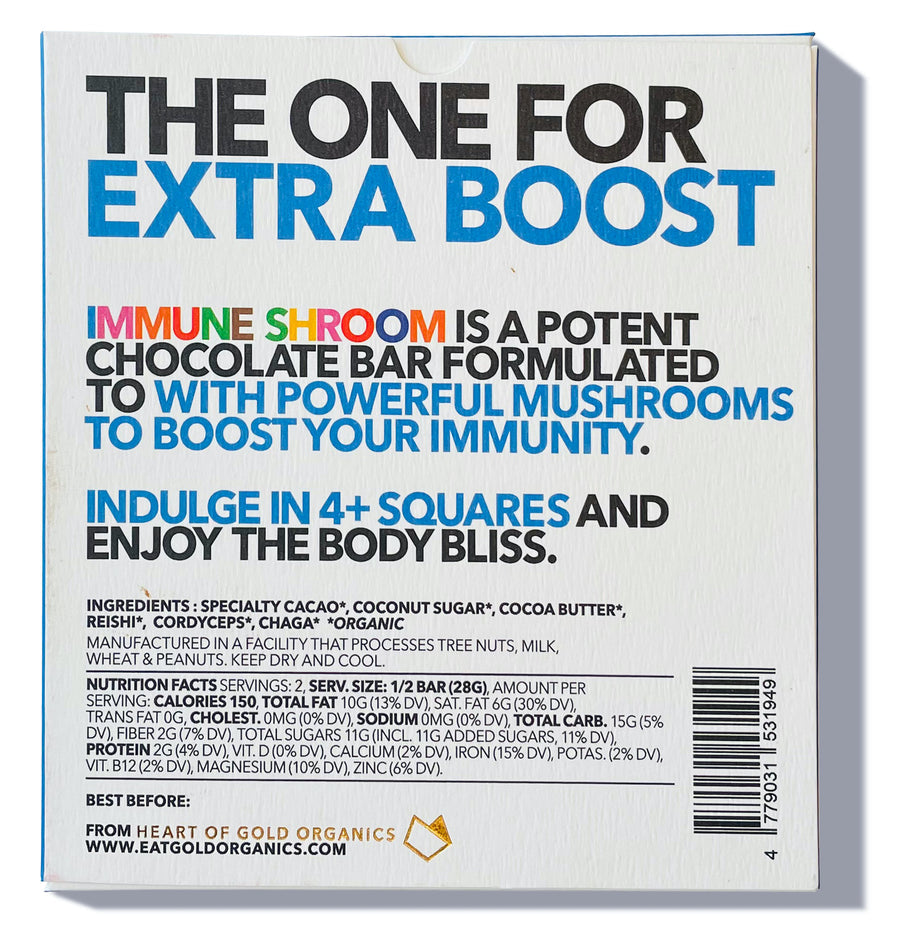 Immune Shroom is a potent, functional chocolate bar formulated with powerful adaptogenic mushrooms to support boosting your immunity. Made with 100% organic ingredients.