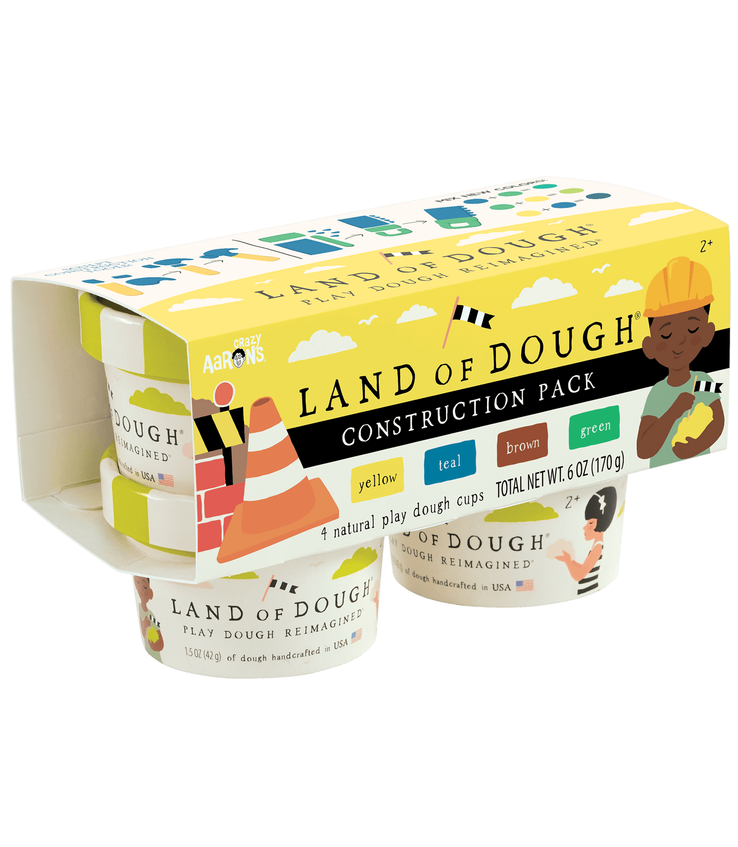 Heavy-duty imagination! Land of Dough® Construction pack includes 4 colors to mix, shape, and create. This dough set has all the right tools to build the next big project. Land of Dough® is made of all-natural dough and colors, compostable glitters, and calming essential oils in eco-friendly packaging.
