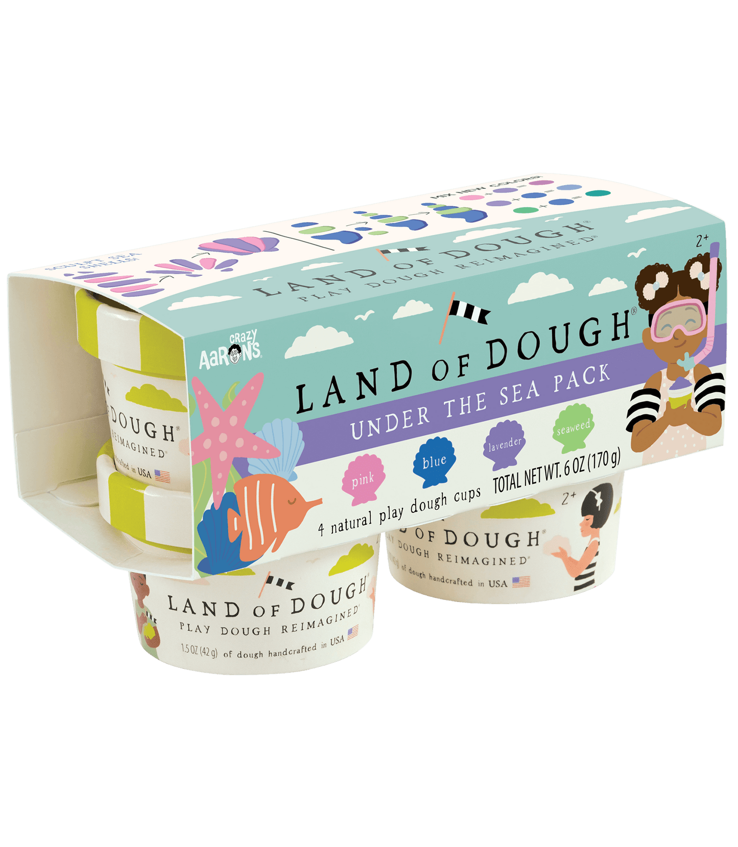 Follow the rainbow! Land of Dough® Rainbow pack includes 4 colors to mix, shape, and create. This brightly colored dough will make little creators shine. Land of Dough® is made of all-natural dough and colors, compostable glitters, and calming essential oils in eco-friendly packaging.