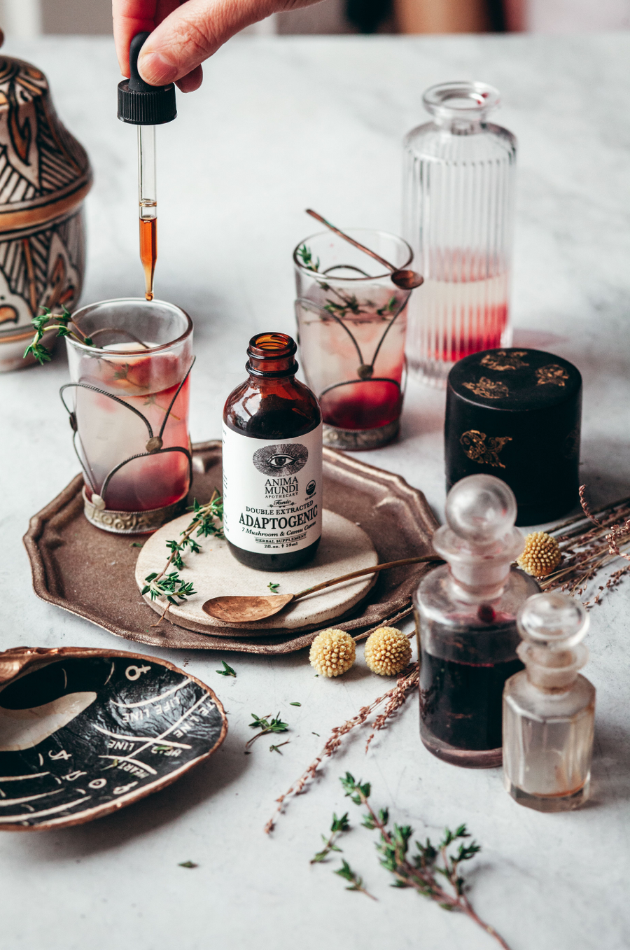 anima mundi adaptogenic tonic mushroom tinture / Adaptogenic Tonic contains locally grown, double cell wall extracted mushrooms along with high vitamin C sources such as Camu Camu and Mangosteen, which can help empower and rewire the immune system.