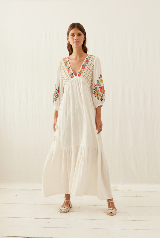 louise misha bali maxi dress in off white with floral embroidery