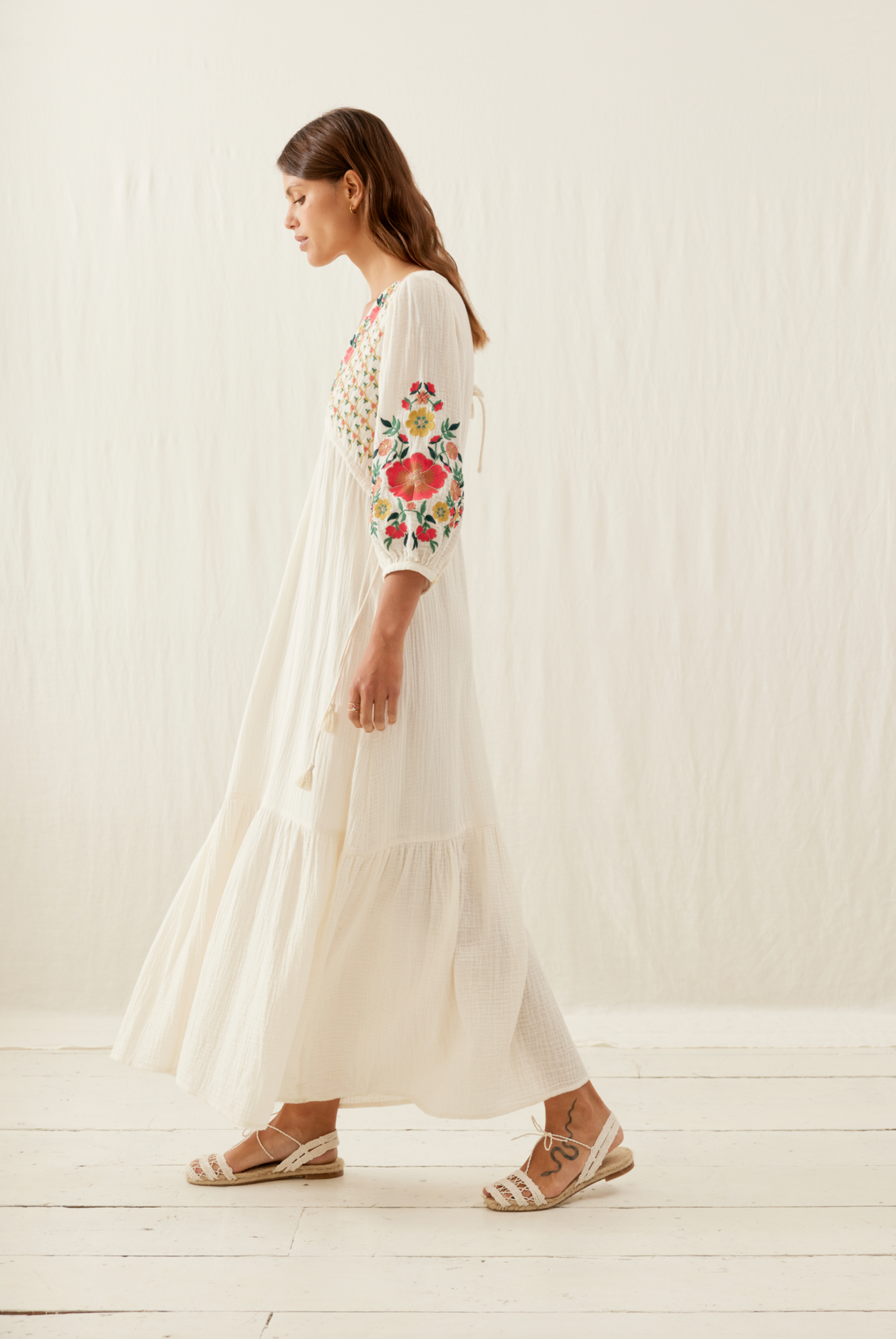 louise misha bali maxi dress in off white with floral embroidery