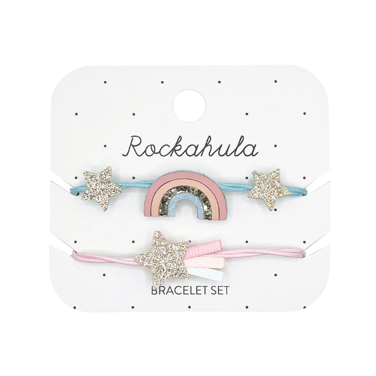 magical shimmer rainbow bracelet set rockahula / Shimmer and shine with this gorgeous set of two beautifully detailed bracelets. Featuring one bracelet with our pretty pastel rainbow and the other with a glittering shooting star! Both are set onto soft pastel coloured cord with a lobster clasp fastening and extender chain to ensure a good fit.