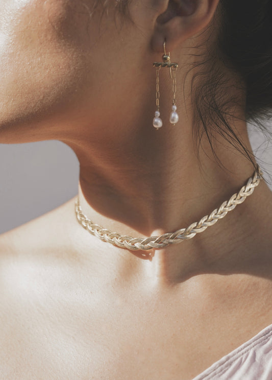 Mountainside Ceres Necklace - A dramatic flat braided chain necklace with fine detail - an elegant addition to any style, a dramatic decor to elevate and inspire. Handmade in the Santa Cruz Mountains.