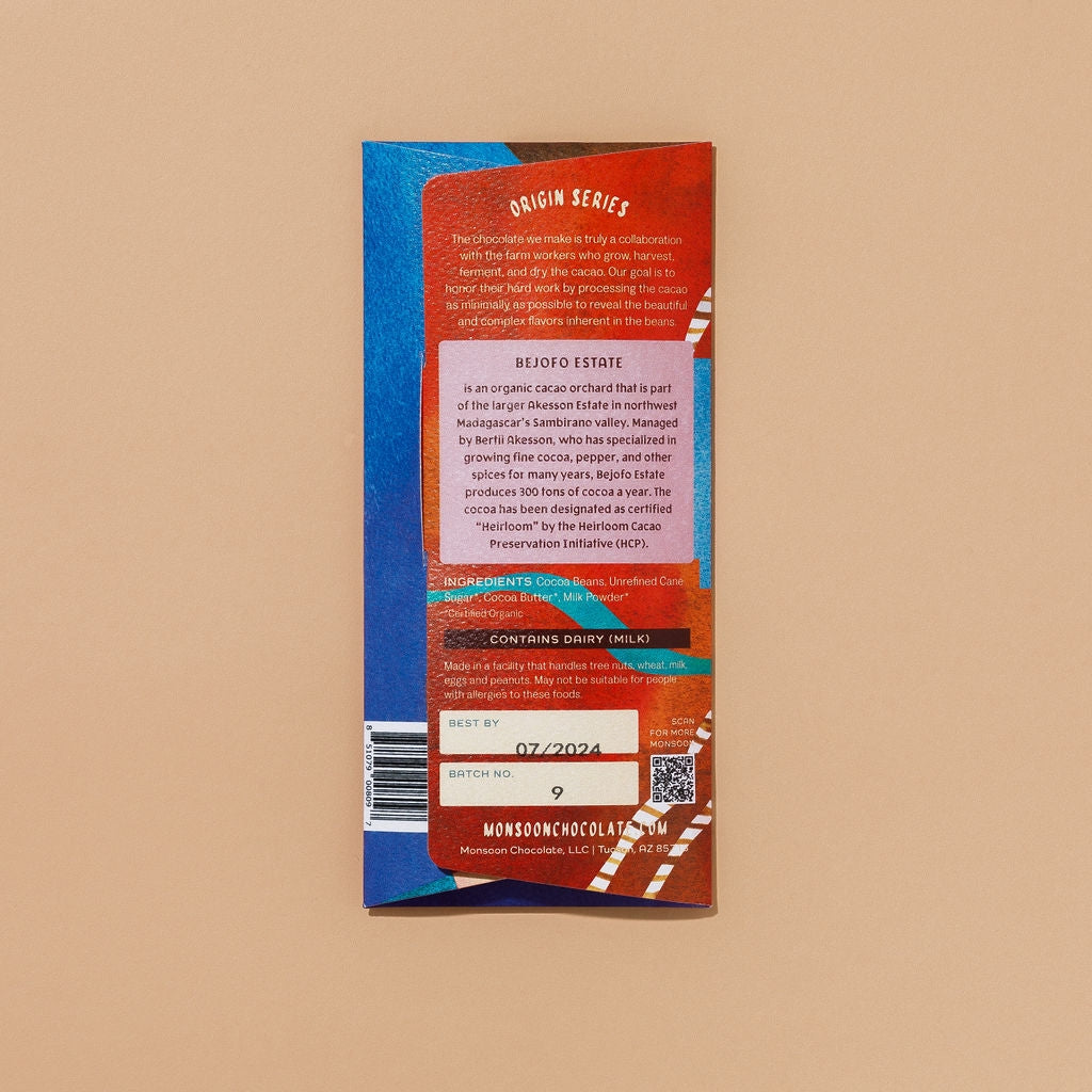Heirloom chocolate bar with tasting notes of chocolate malt, candied lemon, and hojicha latte.