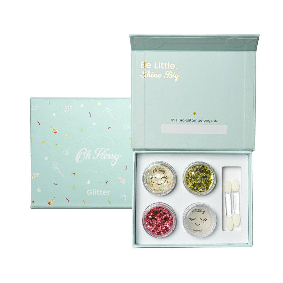 oh flossy biodegradable glitter / This set has everything you need to dress up and play! Your little one will shine brighter when wearing Biodegradable Glitter. Simply use the natural primer to apply the loose glitter to the face, hair, nails or body. However, Bio-glitter is not just for makeup, it can also be used in craft projects and creative & sensory play dough or slime...the skies the limit!