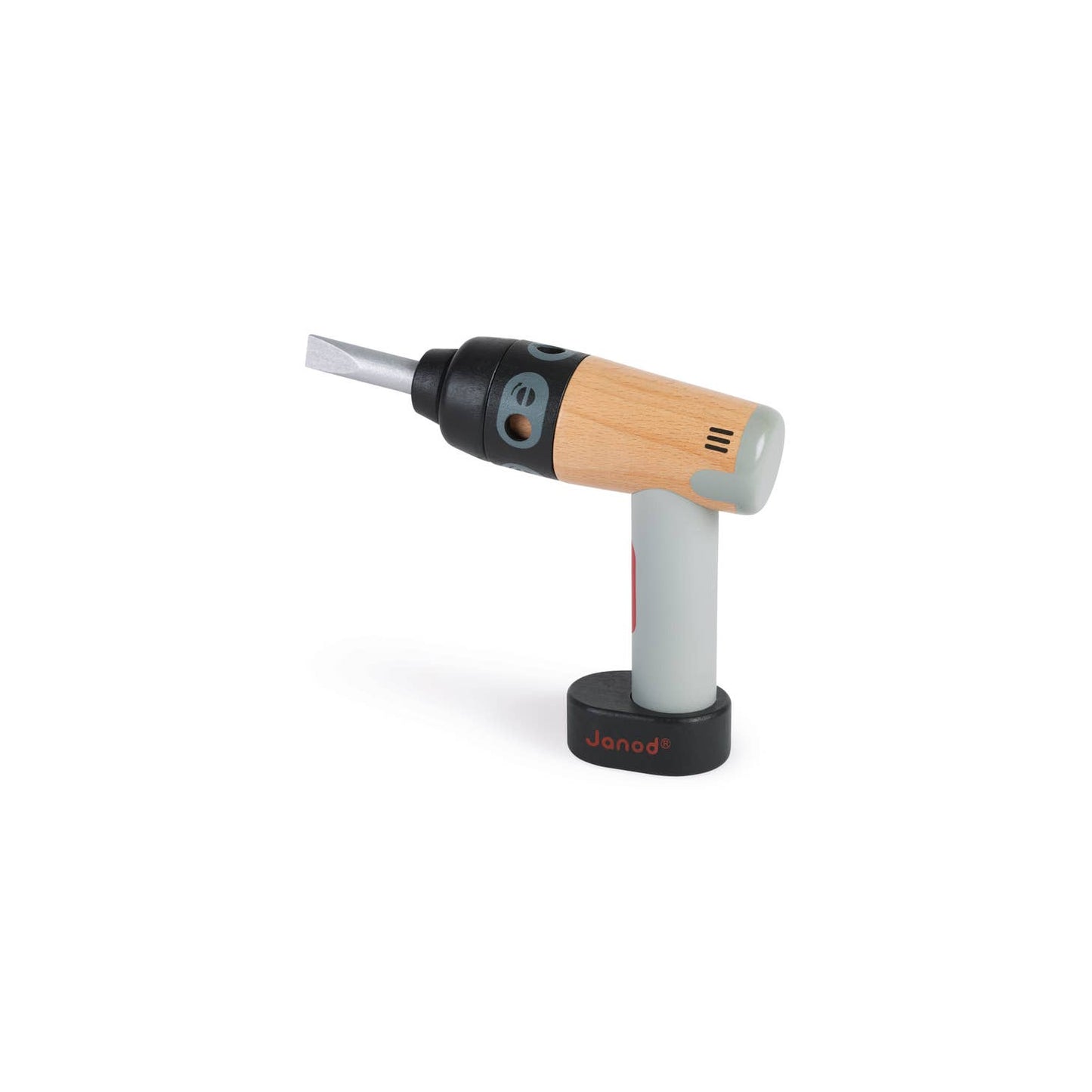 janod bricos kids / This wooden toy drill has everything you would expect from a real grown-ups’ drill! Includes 2 magnetic tools for screwing, unscrewing and drilling holes. The middle part of the drill can be rotated (manually) to choose the type of hole you need.