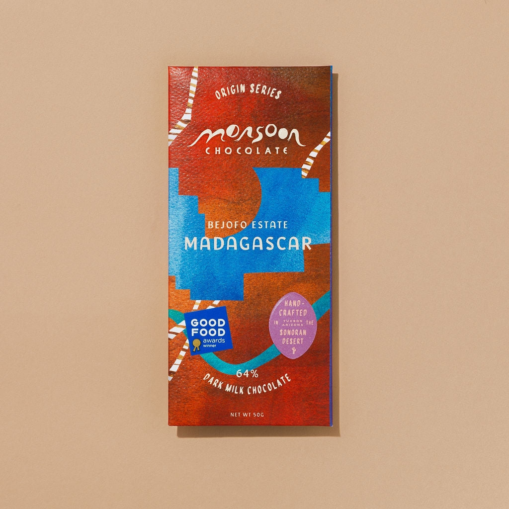 Heirloom chocolate bar with tasting notes of chocolate malt, candied lemon, and hojicha latte.