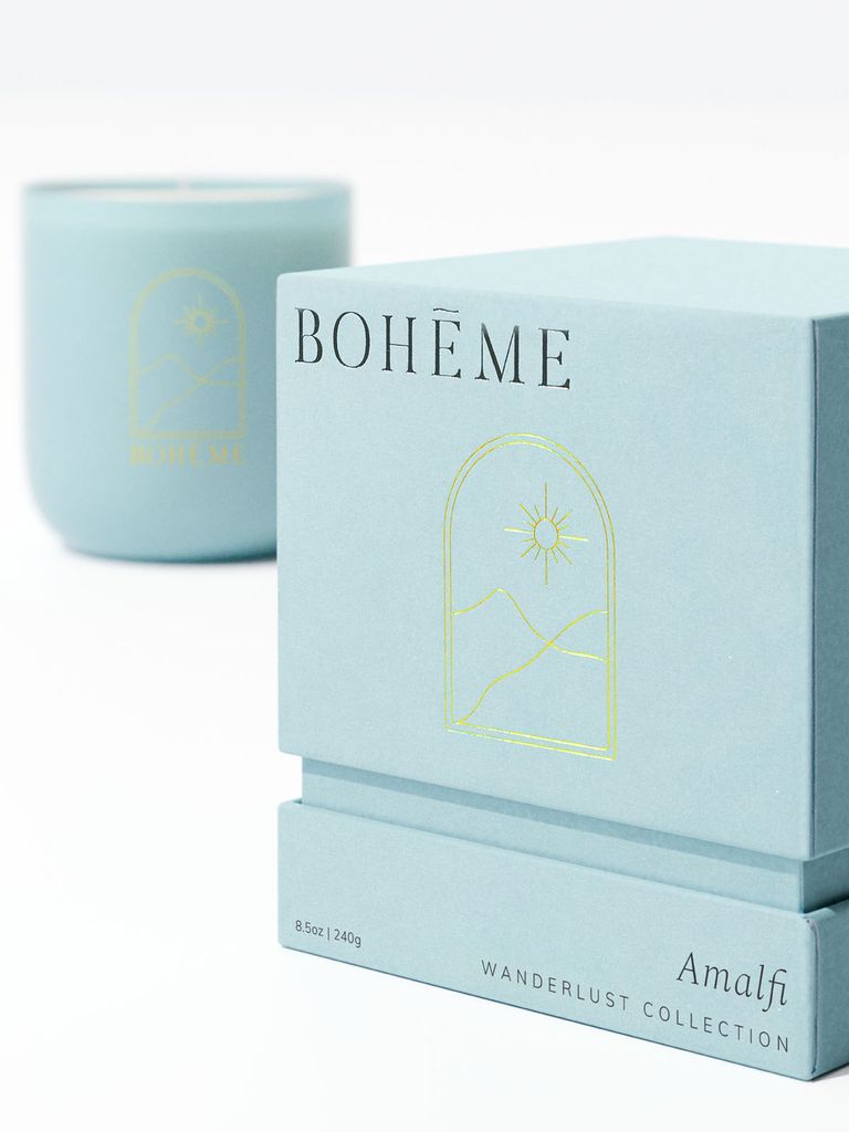 Clean, All Natural, Sustainable Soy, Vegan, Phthalate Free Amalfi Candle. The top, middle and bottom feature three different scents so this is like three candles in one! Lemon and black currant to fig and lavender to musk and vetiver.