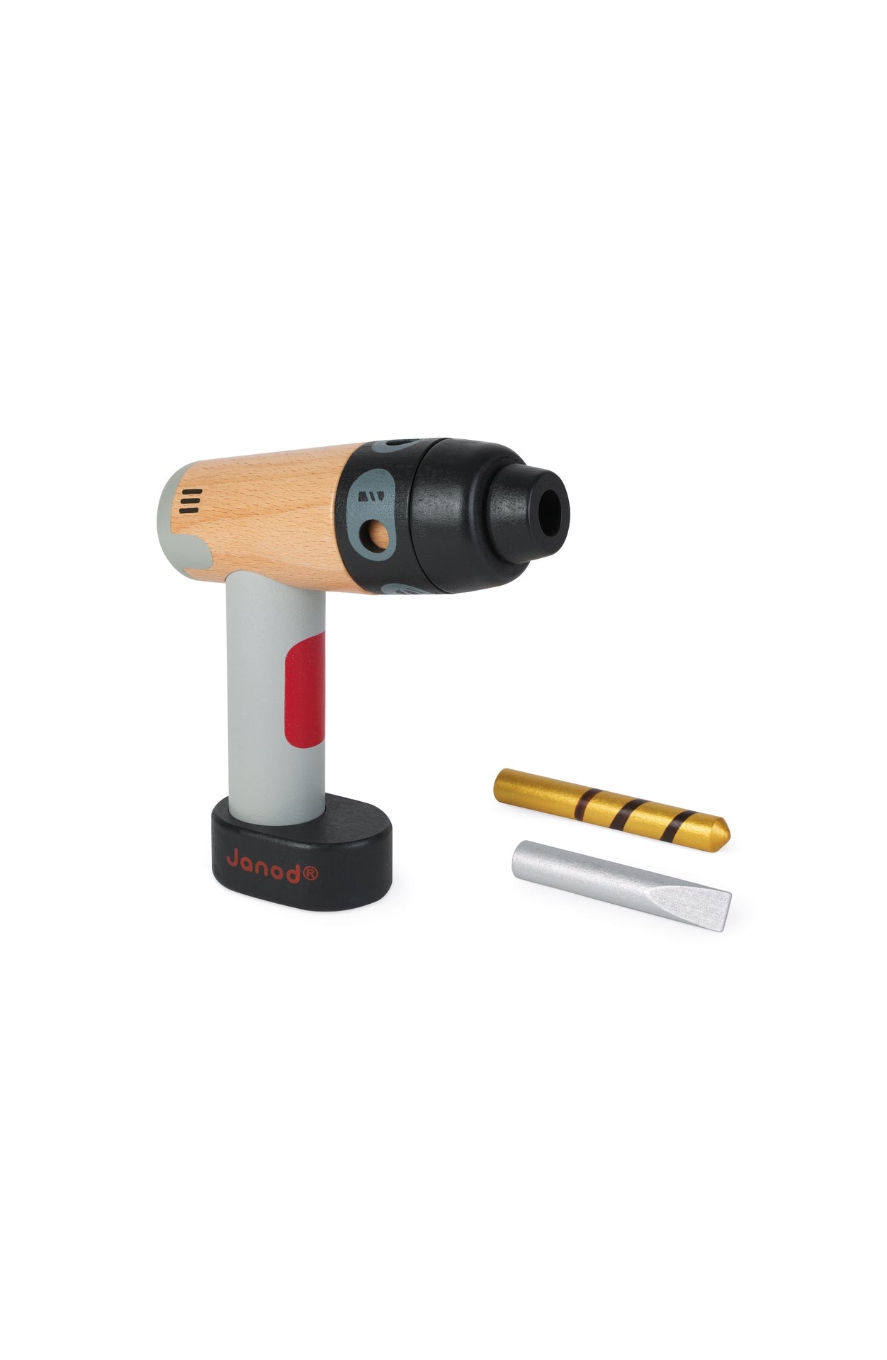 janod bricos kids / This wooden toy drill has everything you would expect from a real grown-ups’ drill! Includes 2 magnetic tools for screwing, unscrewing and drilling holes. The middle part of the drill can be rotated (manually) to choose the type of hole you need.