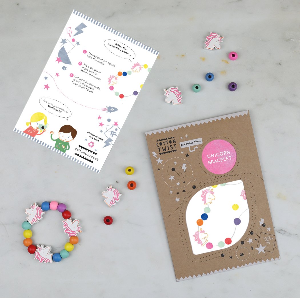 Children can construct their own bracelets using wooden beads together with the elastic provided. The elastic comes with metal ends to help children add beads with ease. Choose from fairy, unicorn, strawberry or daisy chain. Each kit is plastic free & lovingly assembled by hand.