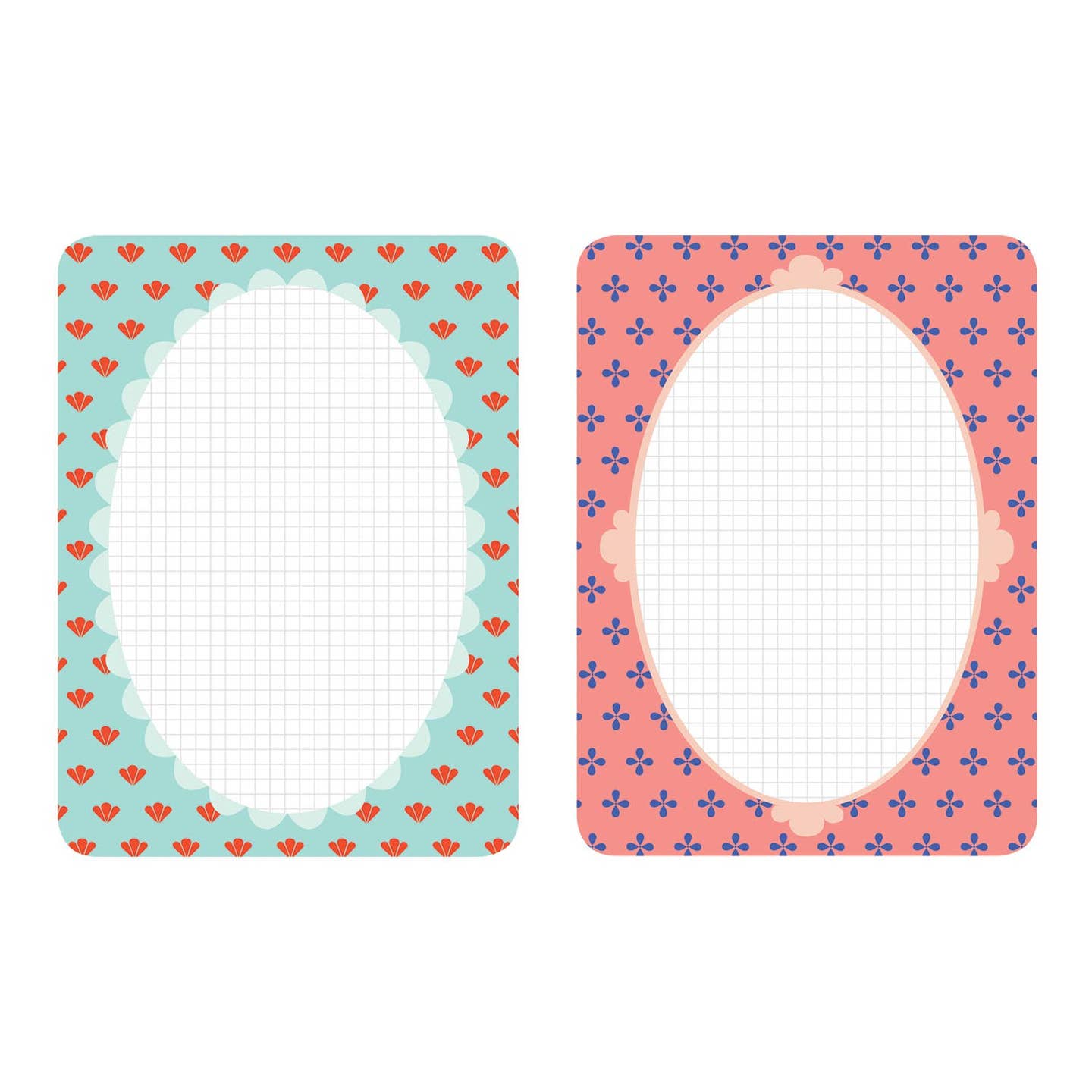 Two small cards with patterned borders on a white background