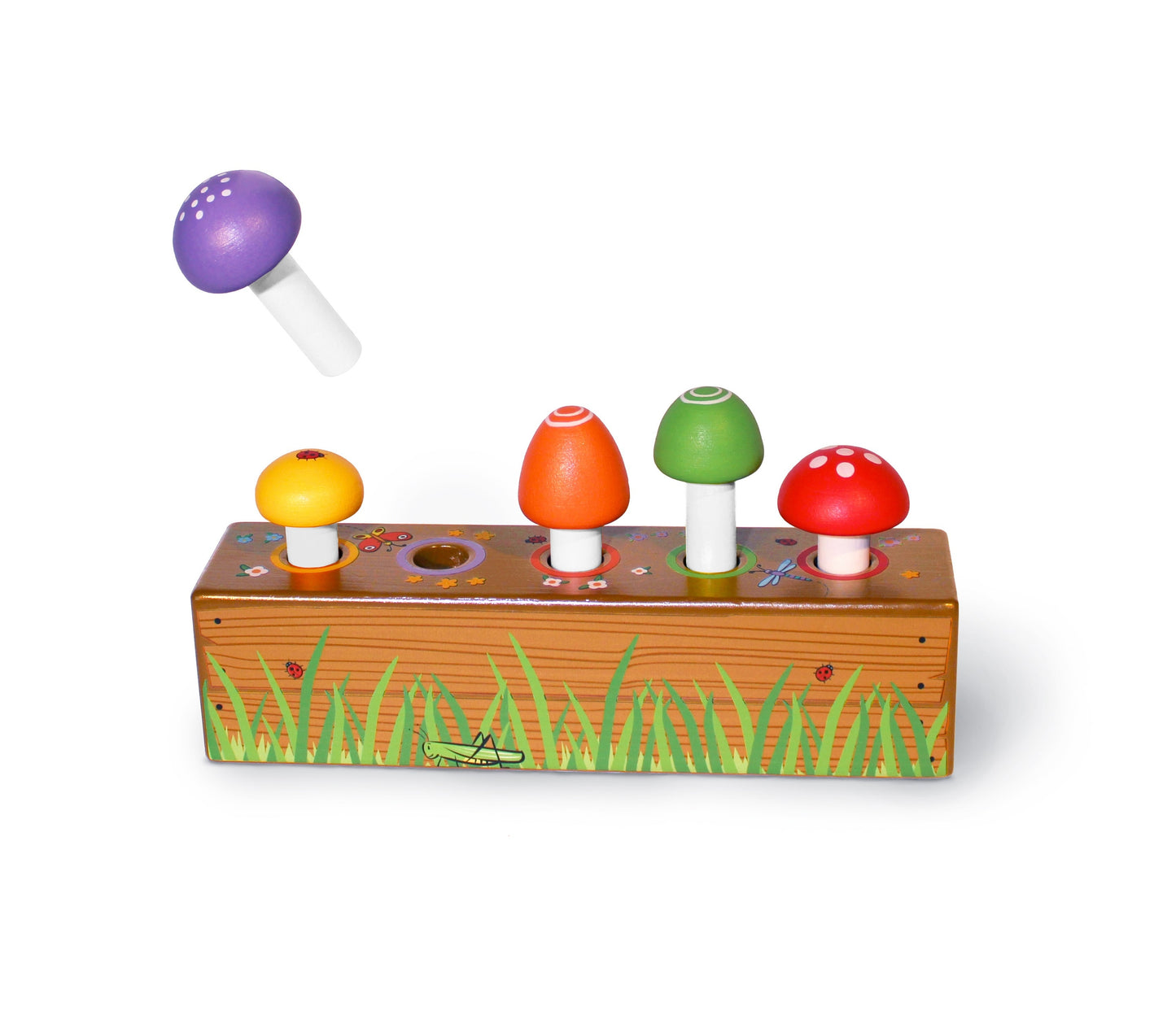 Wooden toy with colorful mushroom-shaped blocks on a white background